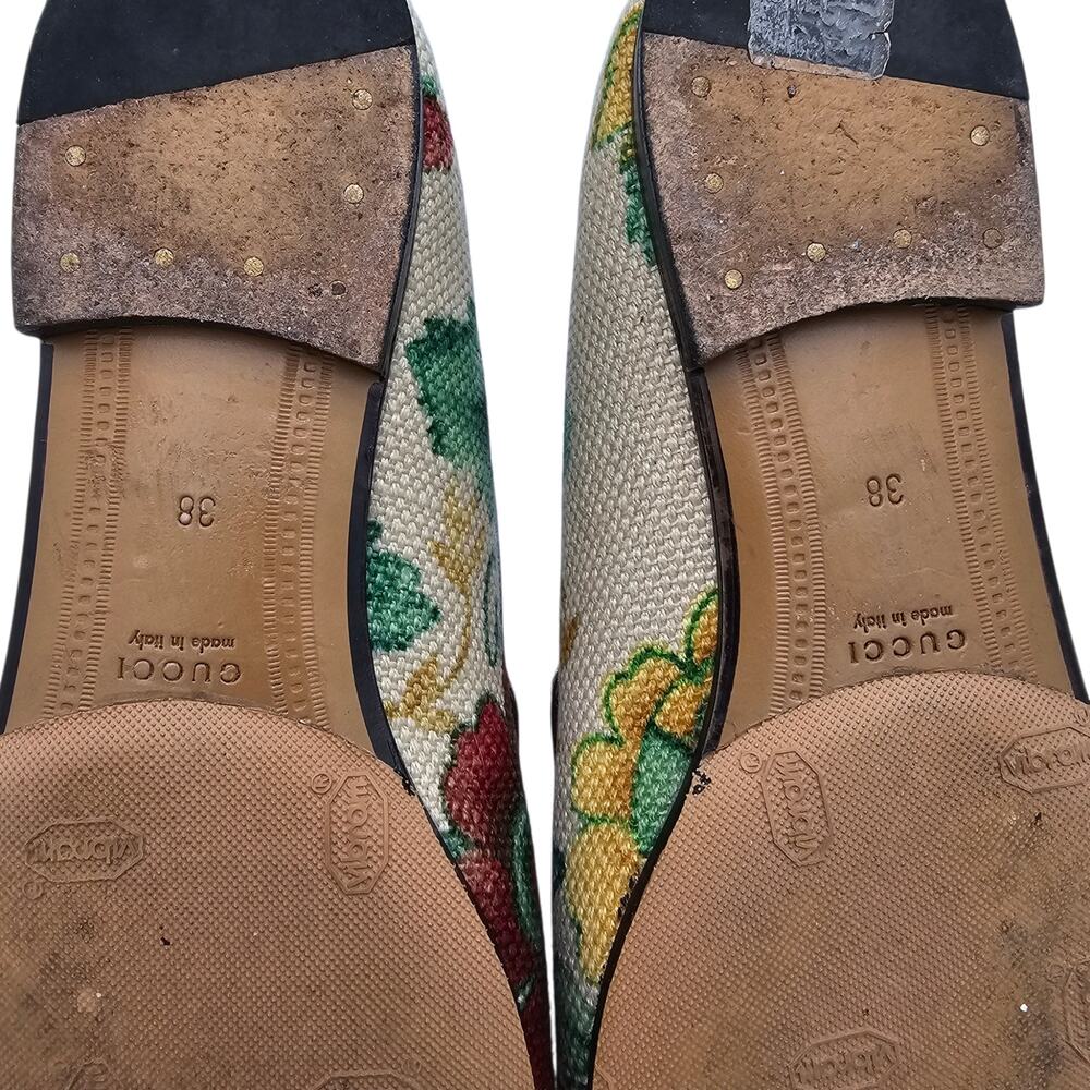 Gucci Jordaan Horsebit Flat Loafer Beige Floral Canvas Slip On Gold Size 38 US 8 - Picture 11 of 11